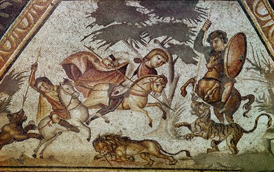Romersk kunst: mosaik af årstiderne fra gården til den konstantinske villa "" Daphne"". Detalje, der viser en scene med løve- og tigerjagt. Fra Faubourg i Antioche-sur-l
