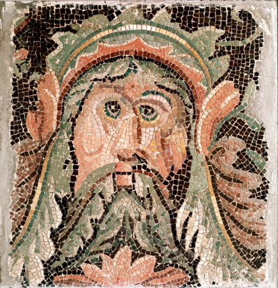 Romersk kunst: mosaik, der repræsenterer hovedet af en marinegud. 3. århundrede e.Kr. Rom, Museo Nazionale Romano - romersk kunst. Havets guddommelighed. Mosaik, 3. årh. e.Kr. Museo Nazionale Romano, Rom, Italien af Roman