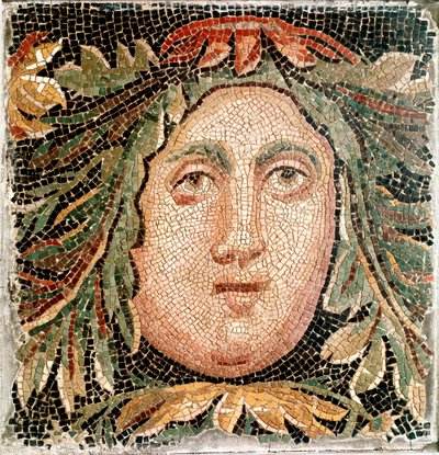 Romersk kunst: mosaik, der repræsenterer hovedet af en marinegud. 3. århundrede e.Kr. Rom, Museo Nazionale Romano - romersk kunst. Havets guddommelighed. Mosaik, 3. årh. e.Kr. Museo Nazionale Romano, Rom, Italien - romersk kunst. Havets guddommelighed. Mos af Roman