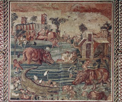 Romersk kunst: nillandskabsmosaik fra en villa på aventino-bakken, Rom 1.-2. århundrede (romersk kunst: nillandskabsmosaik fra en villa på aventino-bakken, Rom 1.-2. århundrede Rom Museo Nazionale Romano i Palazzo Massimo, Inv 171 af Roman
