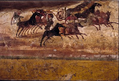 Romersk kunst: quadrigers race. Frisk fra villaen i quadrige. 4. stil, Pompeji.Napoli, Nationalt Arkæologisk Museum af Roman