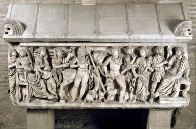 Romersk kunst: sarkofag dekorerer et lavt relief, der fortæller legenden om Phedre og Hippolyte. 3. århundrede e.Kr. Rom, museo nazionale romano af Roman