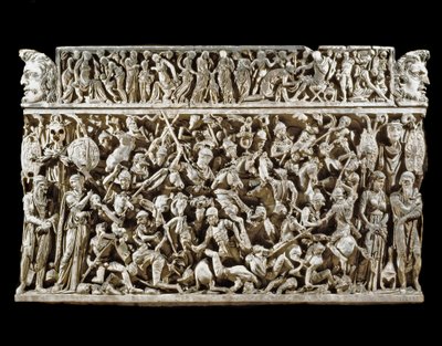 Romersk kunst: scene for kampe mellem romerske krigere og barbarer under de Marcomanske (eller Marcomanniske) krige. Relief af sarkofagen kaldet Portonaccio af en general af Marc Aurele. 180-190. Rom, Museo Nazionale Romano (o delle Terme) af Roman