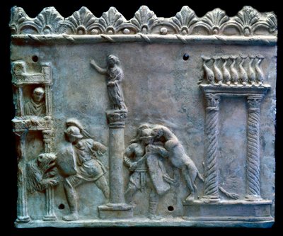 Romersk kunst: scene for kamp af gladiatorer mod udyr eller venatio. 1. århundrede f.Kr. Genève, museum for kunst og historie af Roman