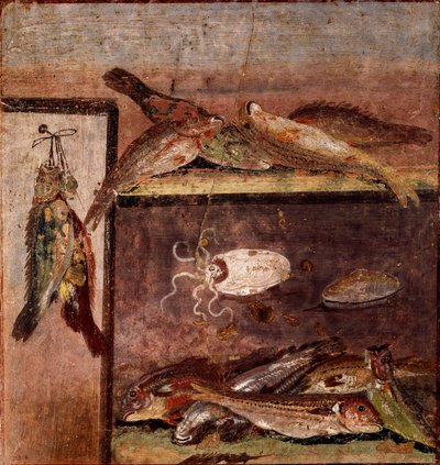Romersk kunst: "" stilleben med fisk"" Fresco fra Pompeji. 1. århundrede e.Kr. Napoli, Museo Archeologico Nazionale af Roman
