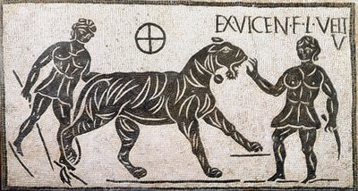 Romersk kunst: "" to kvinder, der tæmmer en tiger""" Mosaik fra Castro pretorio i Rom. 1. århundrede e.Kr. Rom, Museo Nazionale Romano af Roman