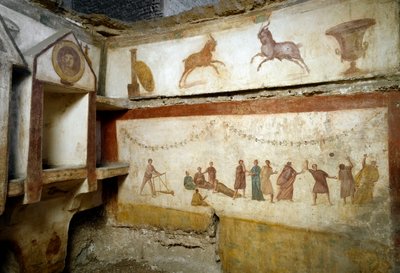 Romersk kunst: "" unge mennesker leger""" fresker, der dekorerer en grav på Via portuense. 2. århundrede. Sol. h. 90 cm Rom, Museo Nazionale Romano (o delle Terme) Italien af Roman