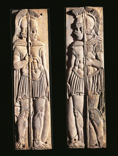 Romersk civilisation, par knogleudskæringer af krigere, fra Praeneste, Lazio-regionen, Italien af Roman