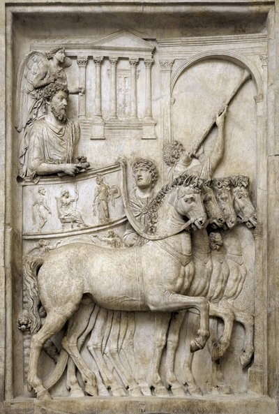 Romersk kejser Marcus Aurelius på sin triumfvogn, 2. århundrede (marmorrelief) af Roman