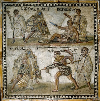 Scene med gladiatorkampe, mellem en pensionist og en sekutor, 4. århundrede (mosaik) af Roman