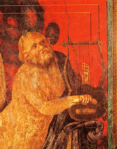 Silenus spiller lyre, fresko fra Villa of Mysteries, Pompeji, Campania, romersk civilisation af Roman