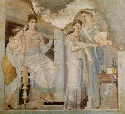 Slave kæmmer en piges hår, Herculaneum, Third Style (fresco) af Roman