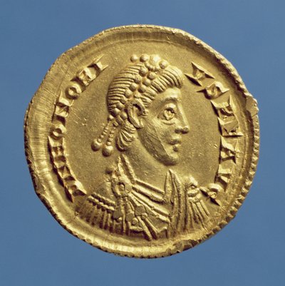 Solidus (forside) af Honorius (393-432) gardiner, cuirassed, iført diadem. Indskrift: D N HONORIVS P F AVG (guld) af Roman