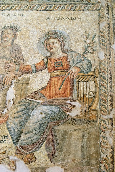 Apollo og Marsyas mosaikken, detalje af Plinius og Apollo, House of Aion, Paphos, Cypern mosaik af Roman