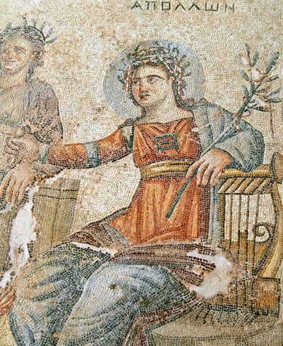 Apollo og Marsyas mosaikken, detalje af Plinius og Apollo, House of Aion, Paphos, Cypern mosaik af Roman