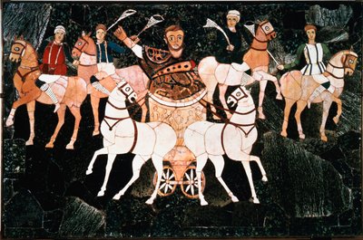 Den romerske konsul Julius Annius Bassus repræsenterer på en detalje quadrige af stilarbejdspladen fra det 4. århundrede. Junius Bassus Basilika (Basilika Juni Bassi), Esquilin i Rom. Opbevar på Conservatori Museum, Rom af Roman