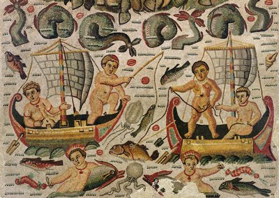 Neptuns og amfitrits triumf, detalje af amorfiskermosaik af Roman