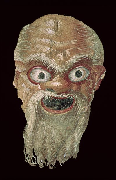 Teatermaske, østmuren, Oecus 5, 60-50 f.Kr. freskomaleri fra 57188 af Roman