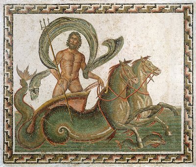 Triumf af Neptun, fortovet fra huset til Wadi Blibane, Sousse (gamle Hadrumetum) (mosaik) af Roman