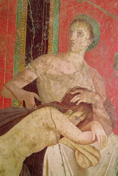 Kvinde trøster den indviede, Sydmuren, Oecus 5, 60-50 f.Kr. freskomaleri fra 57190 og 161043 af Roman