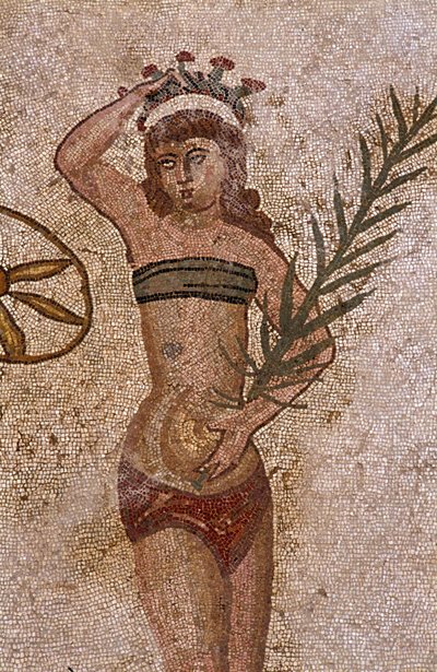 Unge romere engageret i fysiske øvelser. De bærer et lændeklæde rundt om nyrerne og en strophium (ancetra af bh