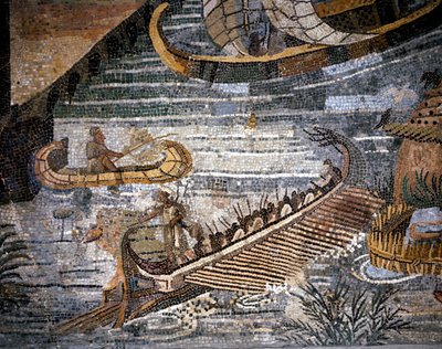 En romersk bireme (en slags galere har to rækker) Detalje af en mosaik i Palestrina. af Roman Roman