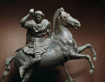 Alexander den Store (356-323 f.Kr.) til hest. Hesten ville være Bucephale. Bronzeskulptur efter en original af Lysippe af Sicyone (395-305 f.Kr.) Napoli, Museo Archeologico Nazionale af Roman Roman