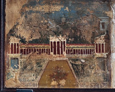 Gammel romersk freskomaleri med arkitektoniske temaer fra Pompeji af Roman Roman