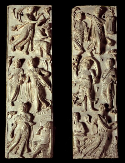 Det antikke Rom: udskåret diptykon i elfenben, der repræsenterer seks muser og seks digtere (eller filosoffer). 5. århundrede efter JC. Paris, Louvre-museet af Roman Roman