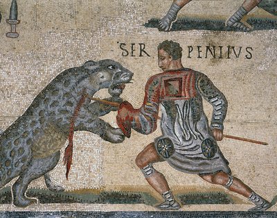Detalje af en mosaik af en Gladiatorkamp, oprindeligt fra Torre Nuova af Roman Roman
