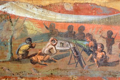 Detalje af et maleri, der forestiller en scene sat på gips langs Nilen med pygmæer, 56x217 cm, fra Pompeji, UNESCOs verdensarvsliste af Roman Roman