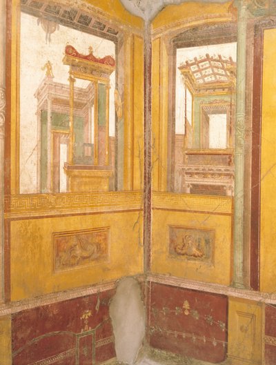 Detalje af freskomalerier i faux arkitektur, House of Vettii, Pompeji, Campania, romersk civilisation af Roman Roman