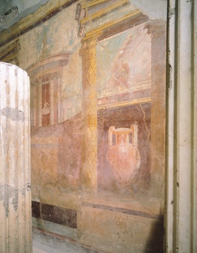 Detalje af fresker i tricliniumhallen, Labyrintens hus, Pompeji, Campania, romersk civilisation af Roman Roman