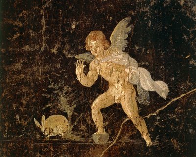 Fresko af Amor, der jager en hare fra Pompeji, Napoli-provinsen, Italien, romersk civilisation af Roman Roman