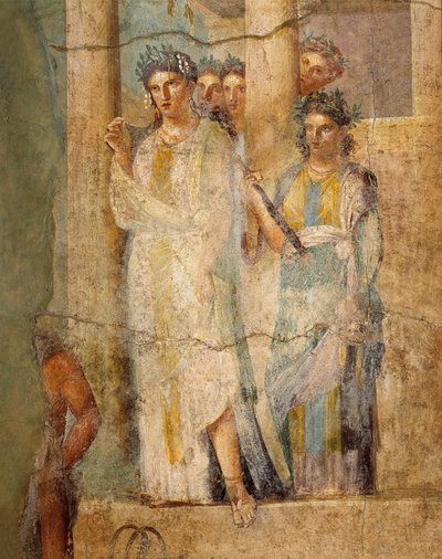 Kalkmaleri, der afbilder Iphigenia in Taurus, Detalje af tjenestepiger, fra House of L. Caecilius Giocondus i Pompeji, Italien af Roman Roman