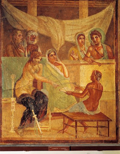 Fresco-skildring og A.D.metus og Alcestis rådgivende orakel, fra House of Tragic Poet, Pompei, Italien af Roman Roman