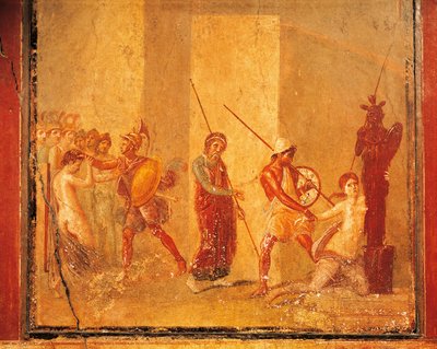 Fresko, joka kuvaa Priamuksen, Menelaoksen ja Helenan kohtaamista kuninkaallisessa palatsissa, Pompejissa, Campaniassa, roomalaisessa sivilisaatiossa af Roman Roman