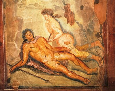 Fresko, der skildrer myten om Pyramus og Thisbe, Loreius Tiburtinos hus, Pompeji, Campania, romersk civilisation af Roman Roman
