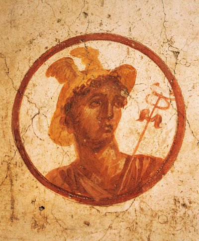 Fresko, joka kuvaa miehen muotokuvaa valkoisella pohjalla, House of Ancient Hunt, Pompeii, Campania, roomalainen sivilisaatio af Roman Roman