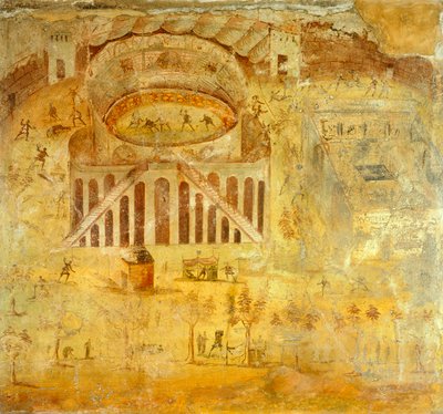 Kalkmaleri, der skildrer skænderi mellem Pompeier og Nocerini i amfiteater, fra Pompeji, Campania, romersk civilisation af Roman Roman