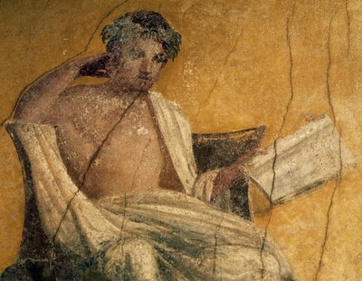 Kreikkalainen näytelmäkirjailija Menander, yksityiskohta freskosta, Menanderin talon perstyle, Pompei, Campania, Italia, roomalainen sivilisaatio af Roman Roman