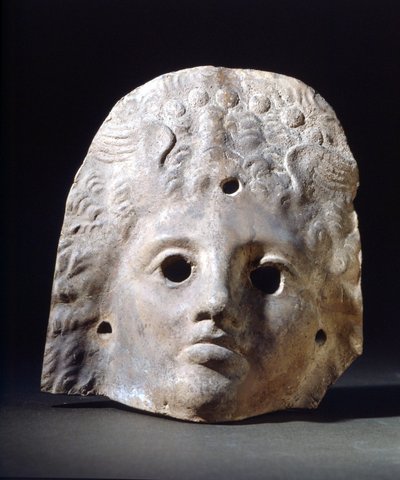 Maske for tragedier i romertiden. Museum for trappen. Milano af Roman Roman