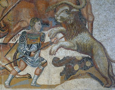 Mosaik med en scene af en jagt på et vildt dyr, detalje af en gladiator, der dræber et vildt dyr af Roman Roman