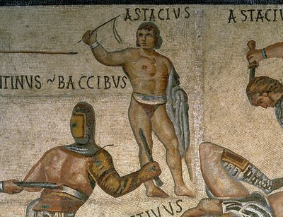 Mosaik med en scene med kæmpende gladiatorer, detalje af en gladiator iført rustning af Roman Roman