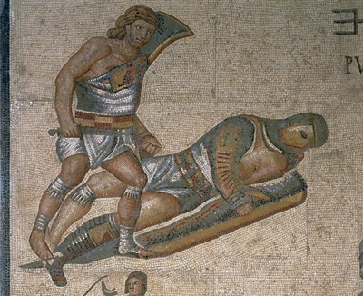 Mosaik med en scene med kæmpende gladiatorer, detalje af en gladiator iført rustning af Roman Roman