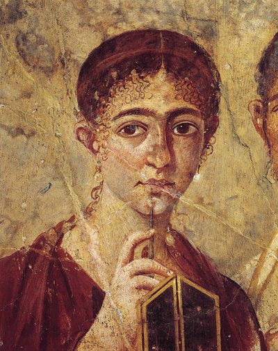 Portræt af bager Terentius Neo og hans kone i formelt tøj, detalje af hustruen med hendes penne og ditykon åben fra Italien, Campania, Pompeji, 55-79 e.Kr., maleri på gips af Roman Roman