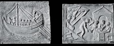 Relief, der forestiller et handelsskib (Museo Nazionale, Rom) og relief, der viser losningen af et skib (Museo Torlonia, Rom) 3. eller 4. århundrede (sten) (s/h foto) af Roman Roman
