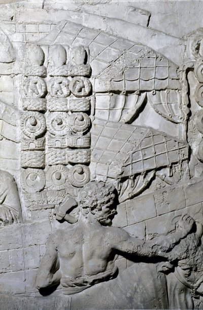 Romersk kunst: "" romersk lejr"" Form fra 1862, der gengiver basreliefferne af søjlen af Trajan (søjle Trajane) (Colonna Traiana) i Rom bygget under kejser Trajans regeringstid (53-117). Trajane-søjlen mindes de sejrrige kampagner af Roman Roman