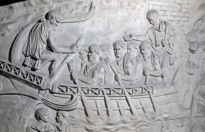 Romersk kunst: "" romerske soldater på en kabys på Donau under den første krig i Dacia"" Form fra 1862, der gengiver basreliefferne af søjlen af Trajan (søjle Trajane) (Colonna Traiana) i Rom bygget under kejserens regeringstid Trajan (53-117). Trajaen af Roman Roman