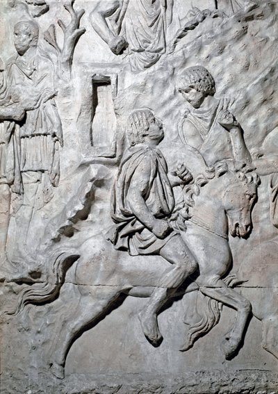 Romersk kunst: "" troede en numid rytter"" Form fra 1862, der gengiver basreliefferne af søjlen af Trajan (søjle Trajane) (Colonna Traiana) i Rom bygget under kejser Trajans regeringstid (53-117). Trajane-søjlen mindes den sejrrige cam af Roman Roman